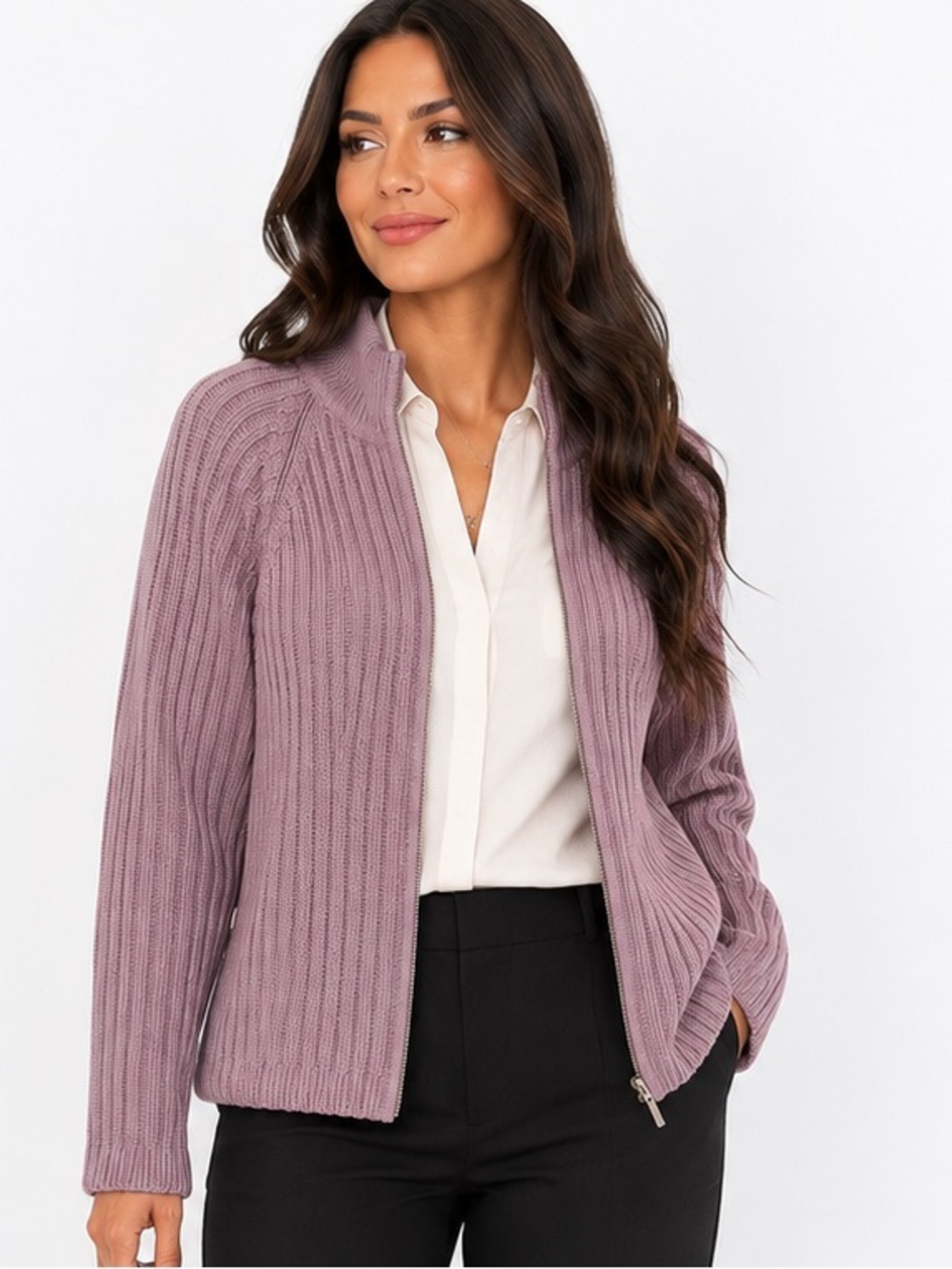 Women’s Talbots Lavender Purple Ribbed Zip Front Cardigan Sweater Mock Neck Sz M